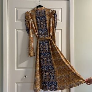 FLYING TOMATO Dress Long Statement Sleeve Button Front Blue/Tan Pattern Size S